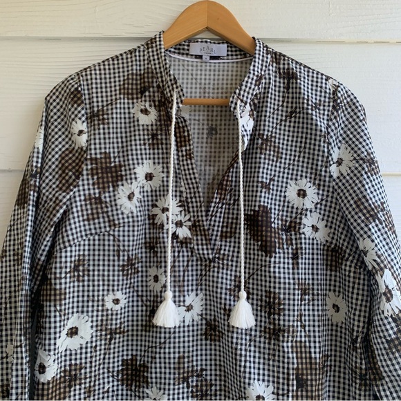 Pearl by Lela Rose Gingham floral voile tunic top tasseled long sleeve V-neck - Picture 4 of 13